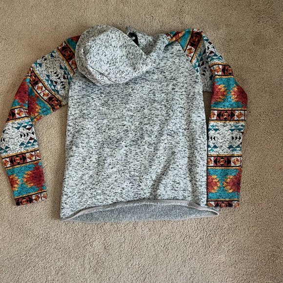 Gray & Aztec Print *Hallelujah* Hoodie | Heather Gray | Kangaroo Pocket | Size L - Picture 4 of 11